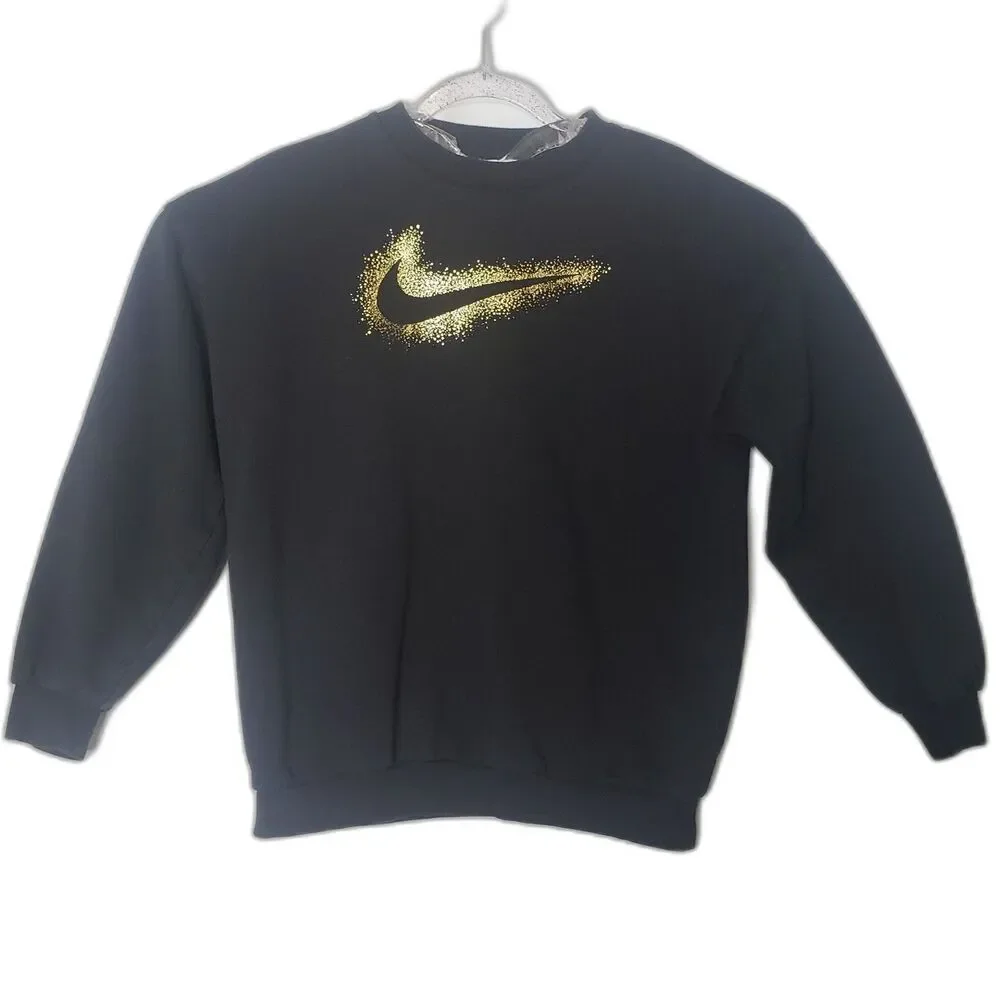 NIKE Black Long Sleeve Sweatshirt with Gold Metallic Swoosh Logo Girls Size XL
